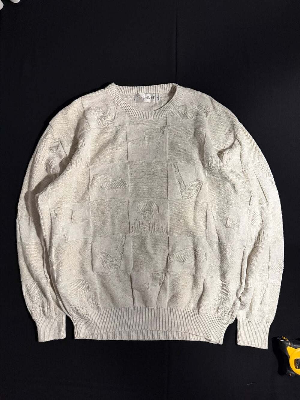 Vintage Sedgefield Golf Themed Patchwork Knit Crewneck Sweater Ivory Men's L